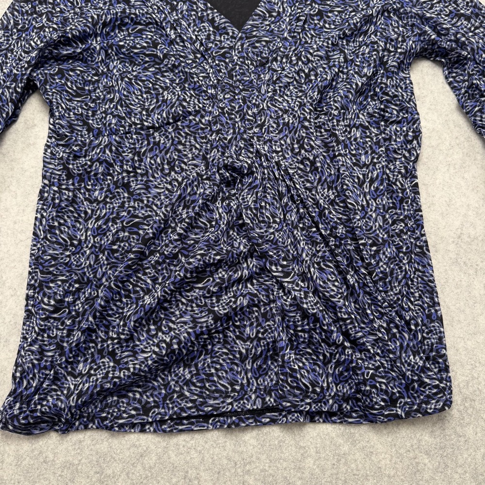 Worthington Blouse Womens XL Blue Geometric Bell 3/4 Sleeve V Neck Top - Picture 3 of 10